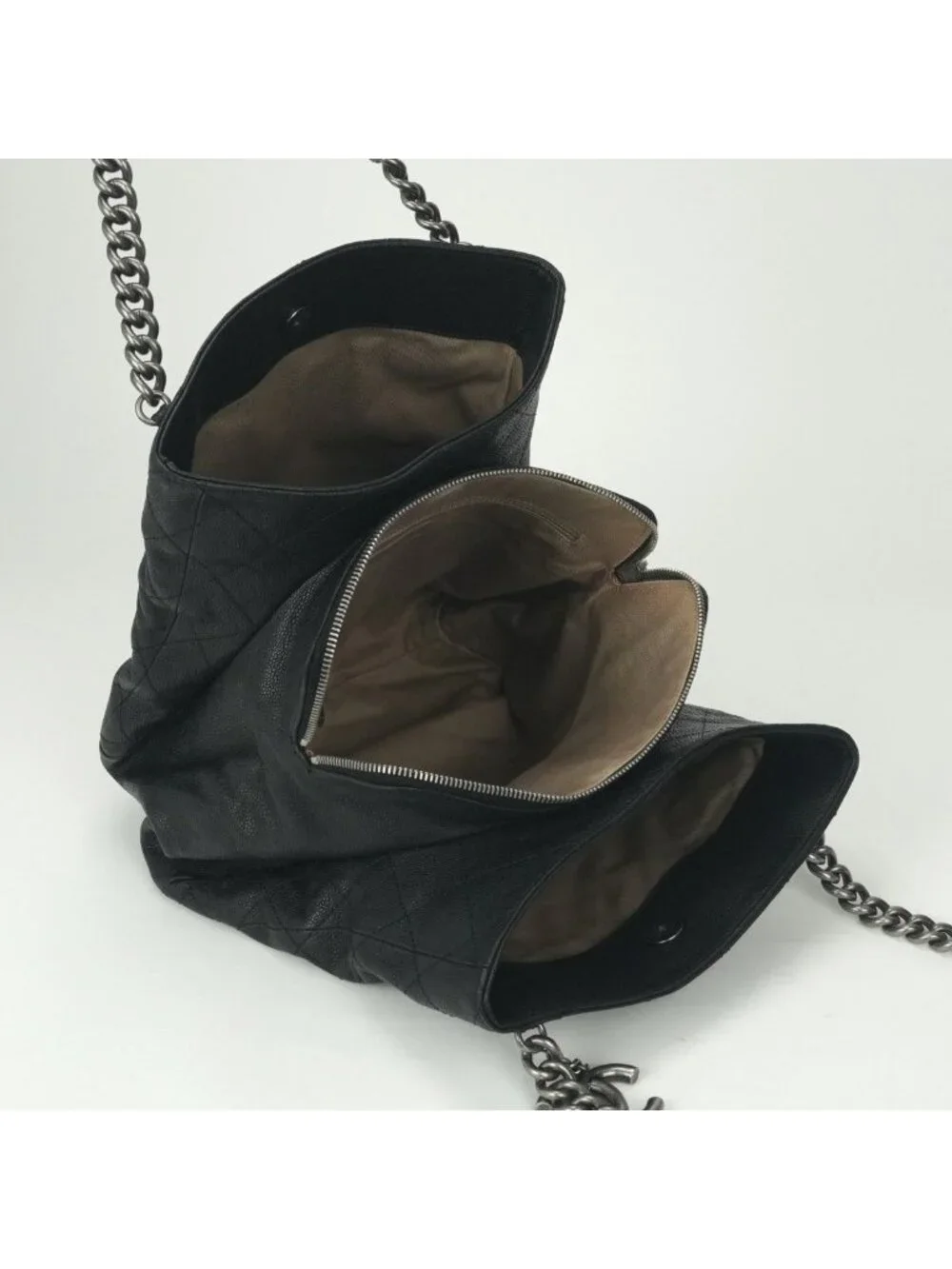 Chanel Quilted Tote Shoulder Bag Caviar Leather Black Silver Chain